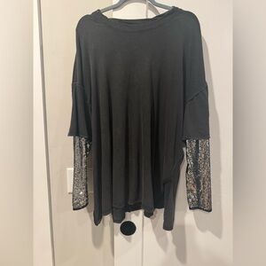 Free People two-fer Black Top with Sequin Sleeves